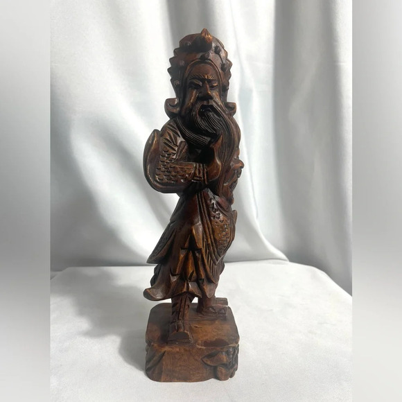 Chinese Carved Wood GuanYu Vintage Warrior 12” Tall Art Deco Strong Figurine - Picture 1 of 6